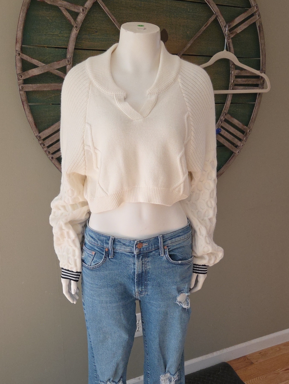 Free People Movement Snowfall Cropped Chunky Cable Knit  Balloon Sleeve Sweater